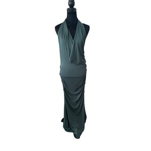 Nicole Miller Artelier Dark Green Halter Mermaid Rusched Draped Maxi Dress SZ 10